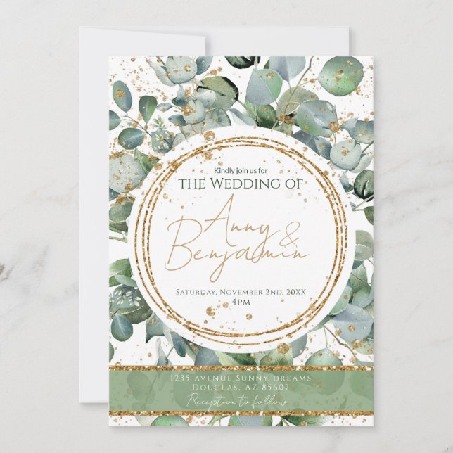 Invitation Parties scintillant d'or Eucalyptus - Vert - Invit (Devant)