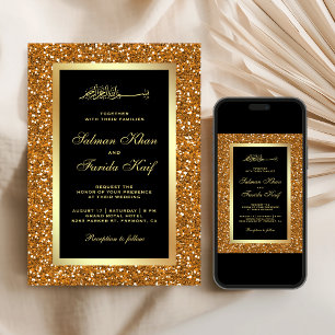Invitation Parties scintillant d'or Faux Black Islam Mariage 