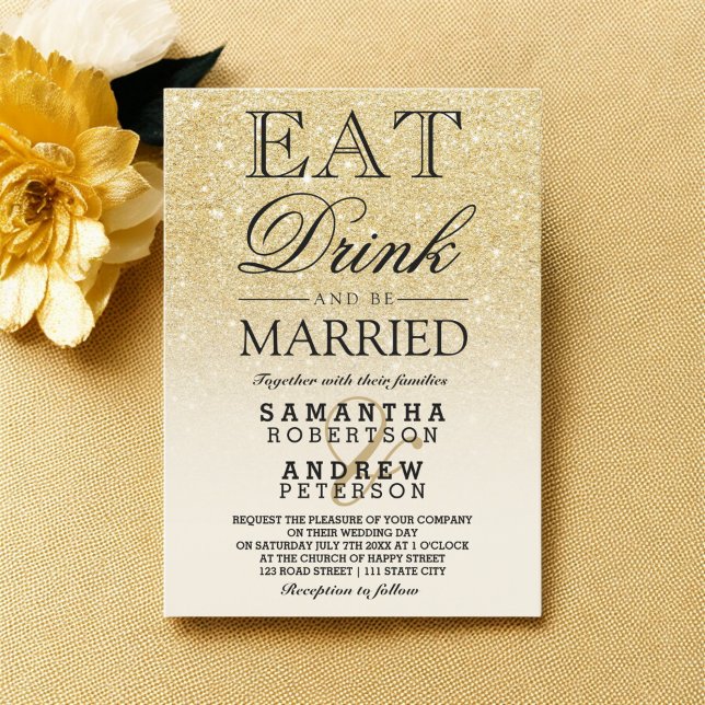 Invitation Parties scintillant d'or Faux ivoire ombre manger  (Faux gold glitter ivory ombre eat drink wedding invitation)