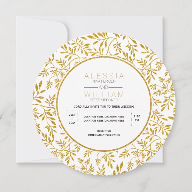 Invitation Parties scintillant d'or feuille motif mariage mod (Devant)