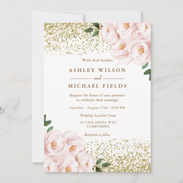 Invitation Parties scintillant d'or Fleurs rousses Mariage él (Devant)