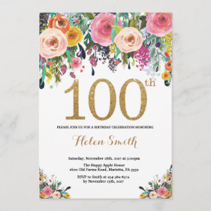 Invitation Parties scintillant d'or Floral 100th Birthday Inv