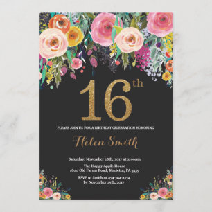 Invitation Parties scintillant d'or Floral 16th Birthday Invi