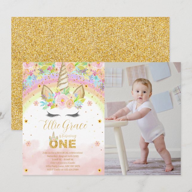 Invitation Parties scintillant d'or Floral 1er Anniversaire U (Devant / Derrière)
