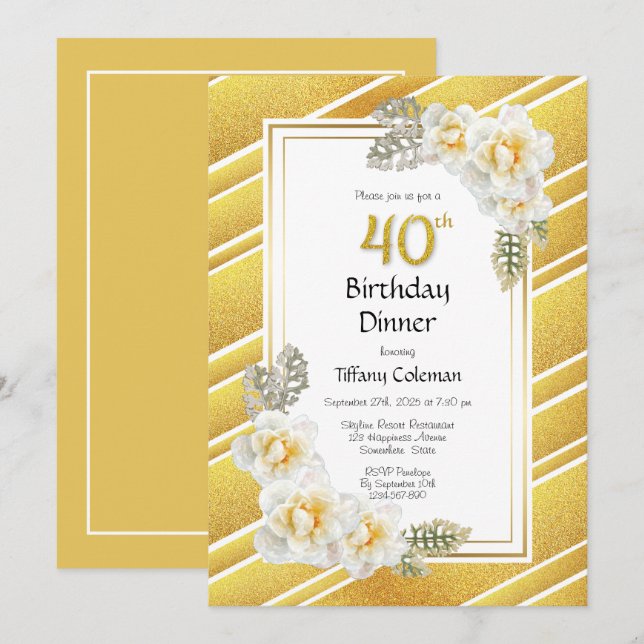 Invitation Parties scintillant d'or Floral 40e anniversaire D (Devant / Derrière)