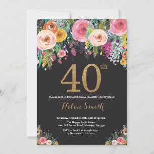 Invitation Parties scintillant d'or Floral 40th Birthday Invi