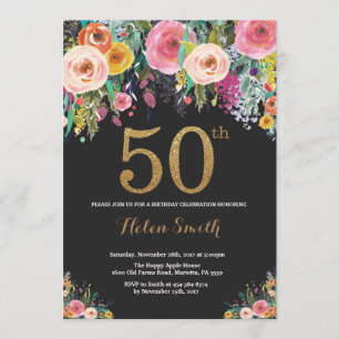 Invitation Parties scintillant d'or Floral 50th Birthday Invi