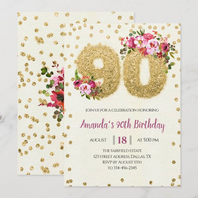Invitation Parties scintillant d'or Floral 90e anniversaire I (Devant / Derrière)