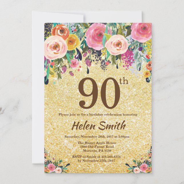 Invitation Parties scintillant d'or Floral 90e anniversaire I (Devant)