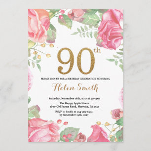 Invitation Parties scintillant d'or Floral 90th Birthday Invi