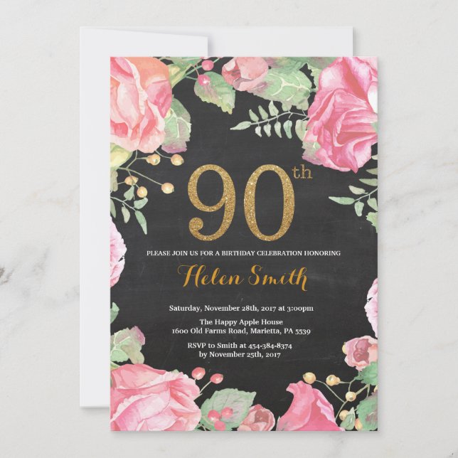 Invitation Parties scintillant d'or Floral 90th Birthday Invi (Devant)