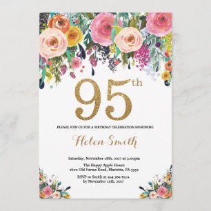 Invitation Parties scintillant d'or Floral 95th Birthday Invi