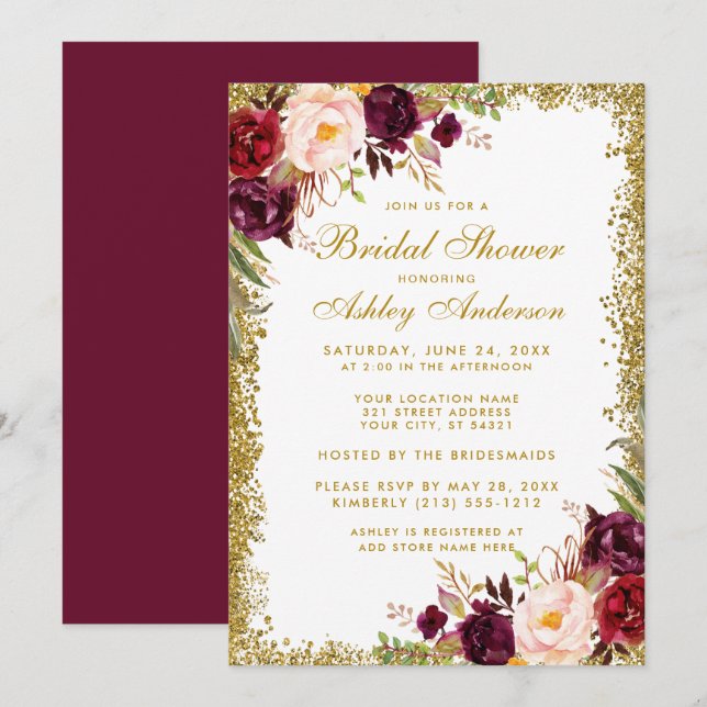Invitation Parties scintillant d'or Floral Bourgogne Invitati (Devant / Derrière)