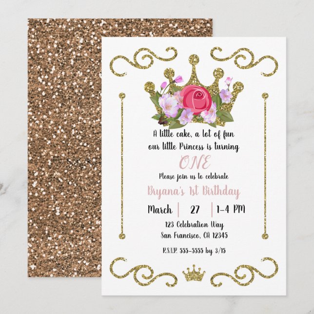 Invitation Parties scintillant d'or Floral de la Couronne 1 U (Devant / Derrière)