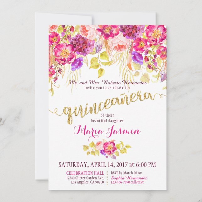 Invitation Parties scintillant d'or Floral de la Quintana Wat (Devant)
