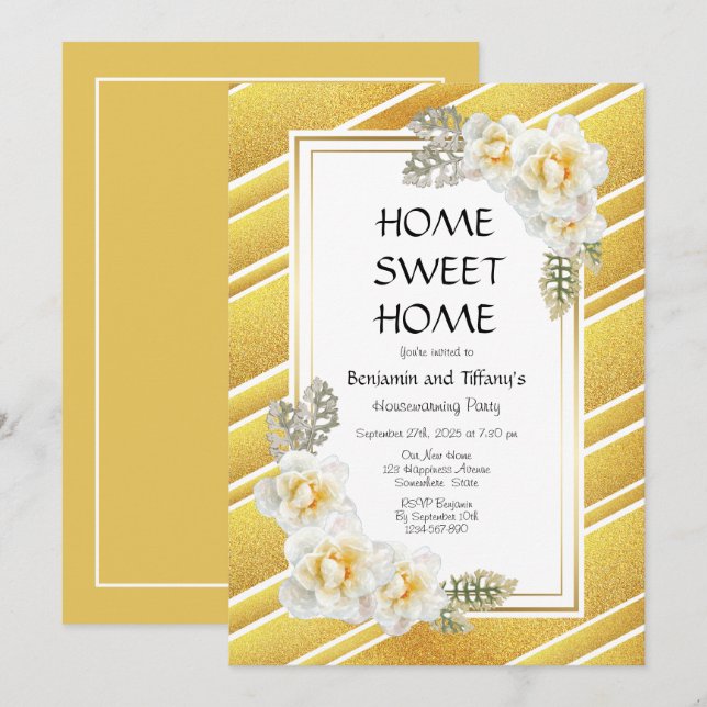 Invitation Parties scintillant d'or Floral Houseécher Party (Devant / Derrière)
