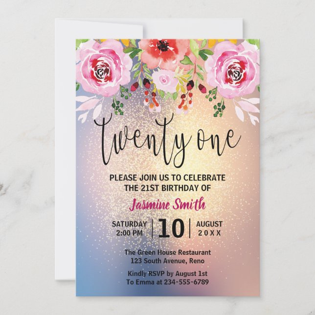 Invitation Parties scintillant d'or floral moderne 21e annive (Devant)