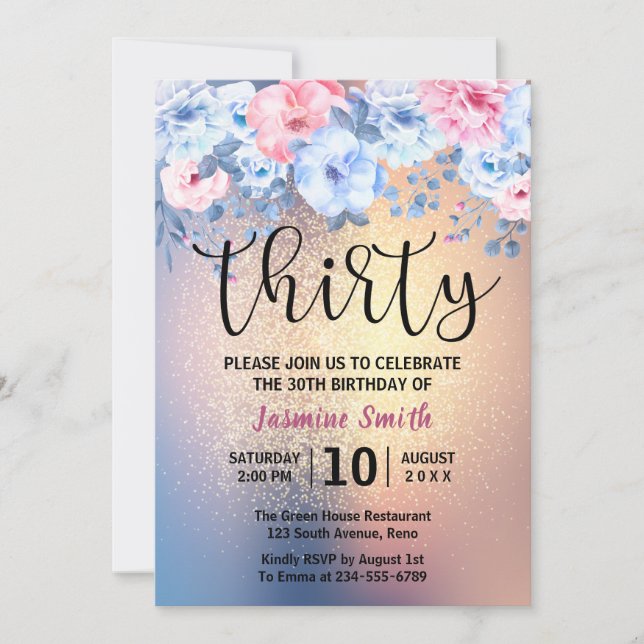 Invitation Parties scintillant d'or floral moderne 30e annive (Devant)