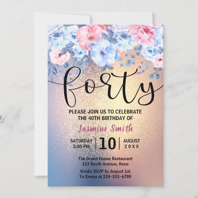 Invitation Parties scintillant d'or floral moderne 40e annive (Devant)
