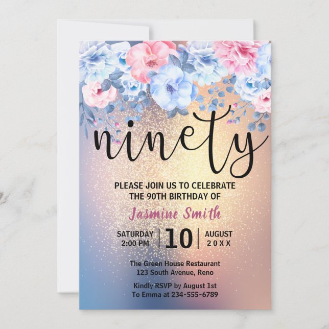 Invitation Parties scintillant d'or floral moderne 90e annive (Devant)