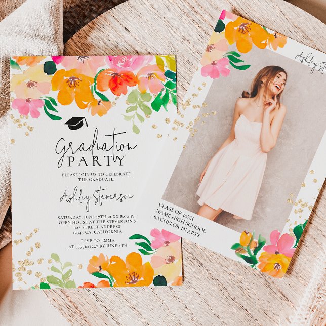 Invitation Parties scintillant d'or floral photo graduation b (Gold glitter floral photo botanical graduation invitation)