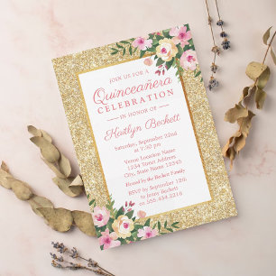 Invitation Parties scintillant d'or Floral Quinceañera 15e an