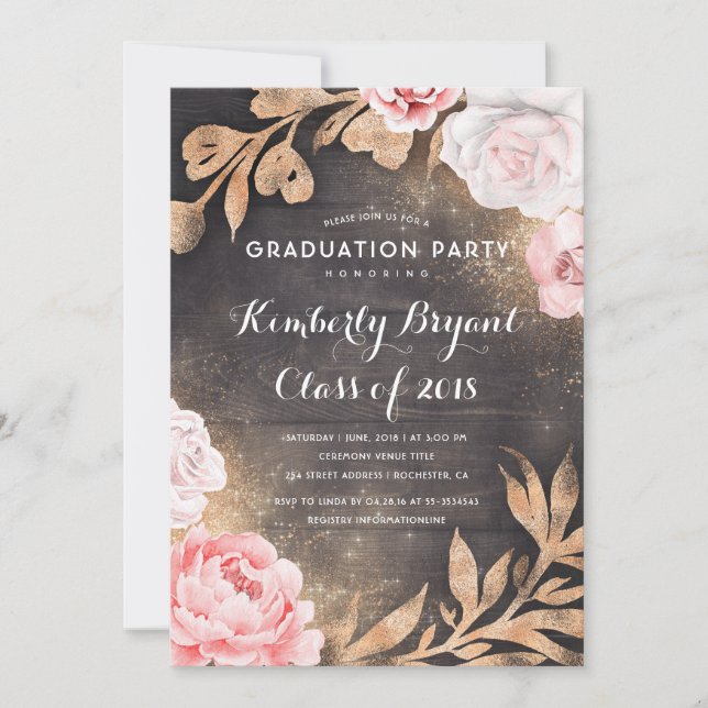 Invitation Parties scintillant d'or Floral Rustic Country Gra (Devant)