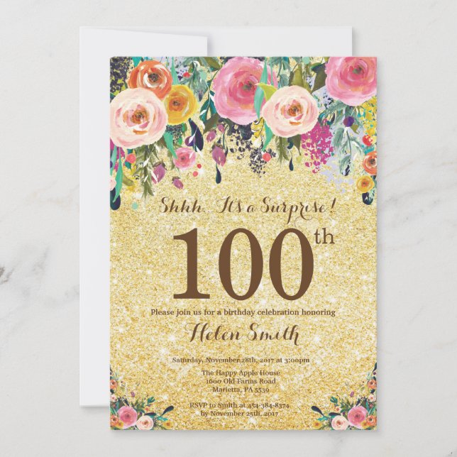 Invitation Parties scintillant d'or Floral Surprise 100e anni (Devant)