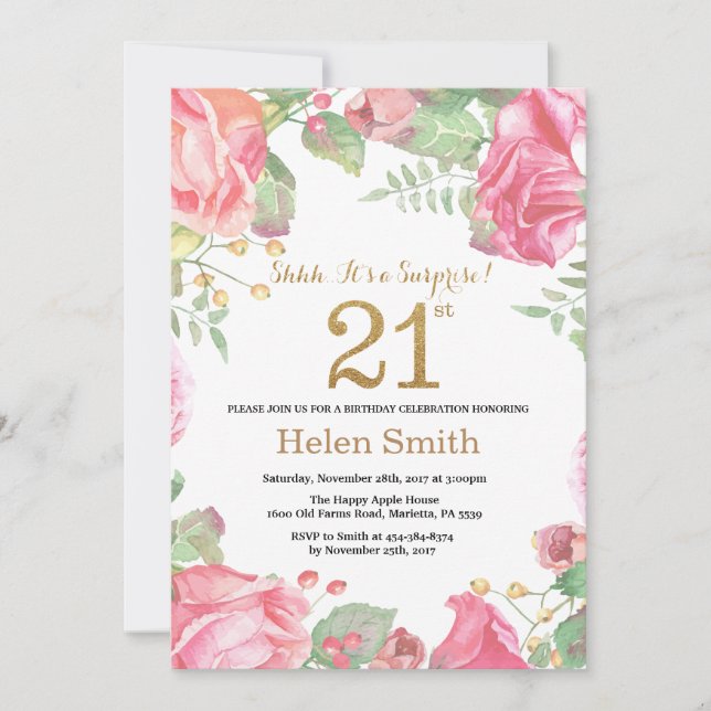 Invitation Parties scintillant d'or Floral Surprise 21e anniv (Devant)