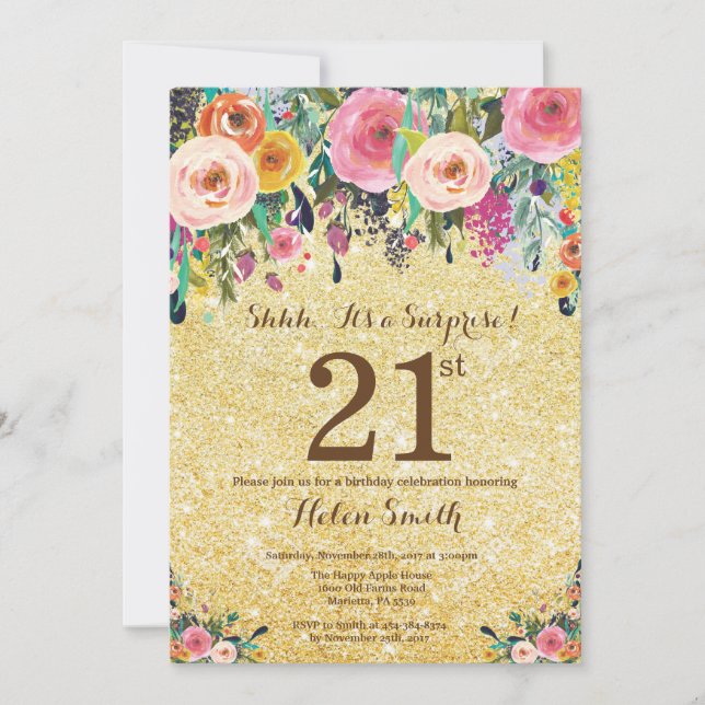 Invitation Parties scintillant d'or Floral Surprise 21e anniv (Devant)