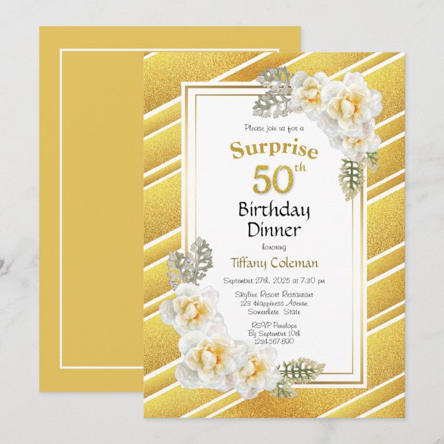 Invitation Parties scintillant d'or Floral Surprise 50e anniv (Devant / Derrière)