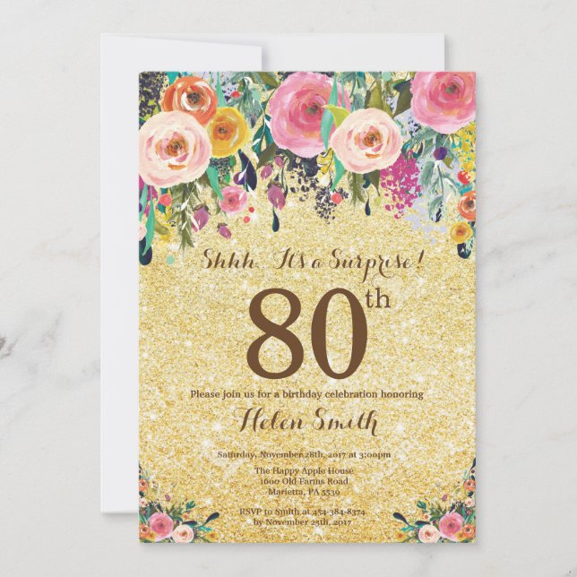 Invitation Parties scintillant d'or Floral Surprise 80e anniv (Devant)