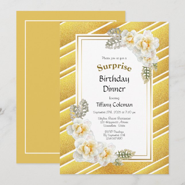 Invitation Parties scintillant d'or Floral Surprise Anniversa (Devant / Derrière)
