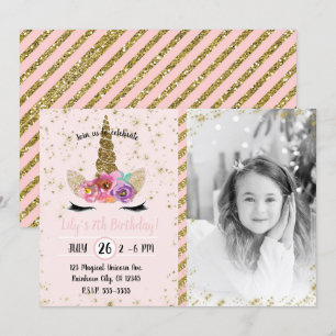 Invitation Parties scintillant d'or Floral Unicorn Horn Birth