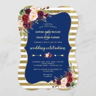 Invitation Parties scintillant d'or florale de la marine Bour