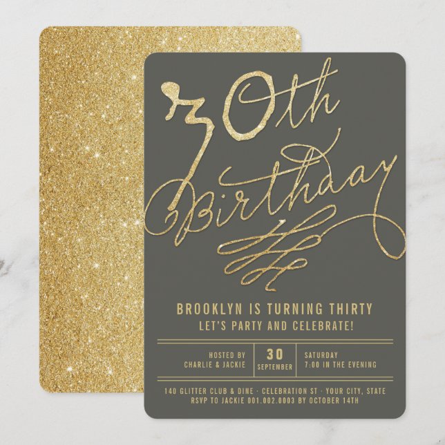 Invitation Parties scintillant d'or Glam Adulte 30e anniversa (Devant / Derrière)