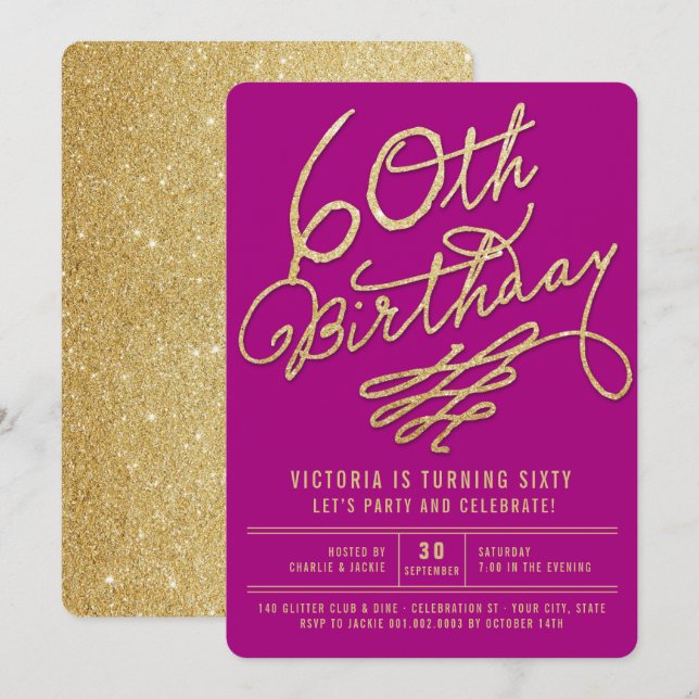 Invitation Parties scintillant d'or Glam Adulte 60e anniversa (Devant / Derrière)