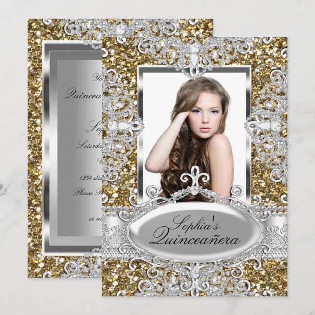 Invitation Parties scintillant d'or Glamor Diamond Quinceaner (Devant / Derrière)