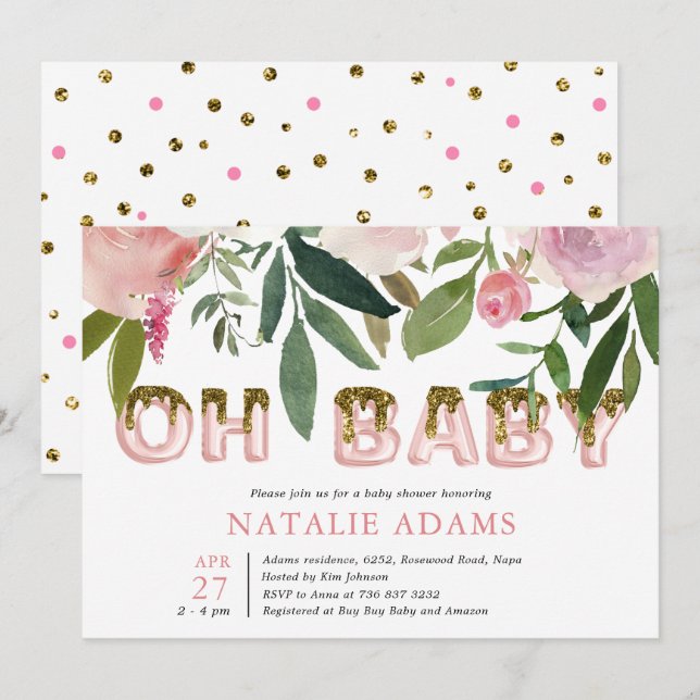 Invitation Parties scintillant d'or goutte Oh bébé Blush Baby (Devant / Derrière)