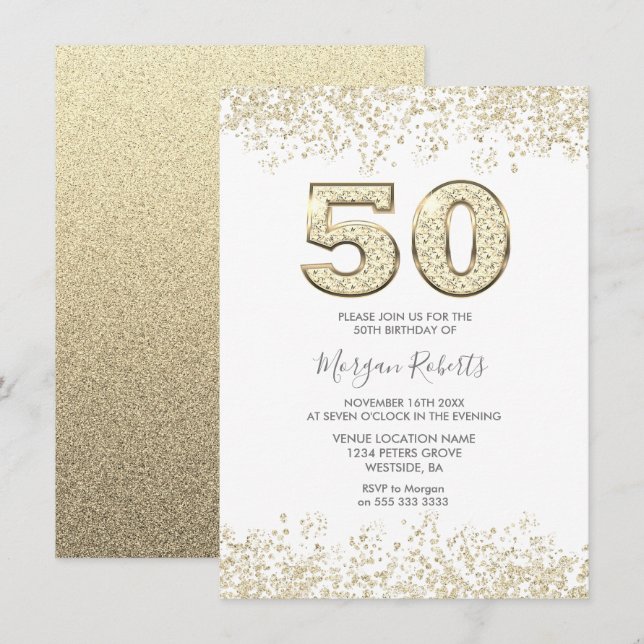 Invitation Parties scintillant d'or Hommes ou femmes 50e anni (Devant / Derrière)