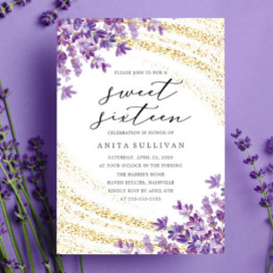 Invitation Parties scintillant d'or Lavender Sweet sixteen 16