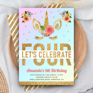 Invitation Parties scintillant d'or magique Unicorn 4e fête d