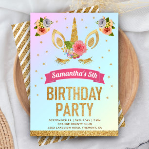Invitation Parties scintillant d'or magique Unicorn Visage An