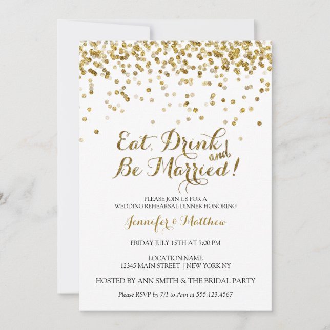 Invitation Parties scintillant d'or Manger Boire Soit Marié R (Devant)