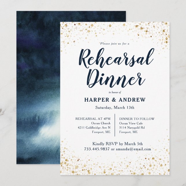 Invitation Parties scintillant d'or Marine Bleu Aquarelle Dîn (Devant / Derrière)