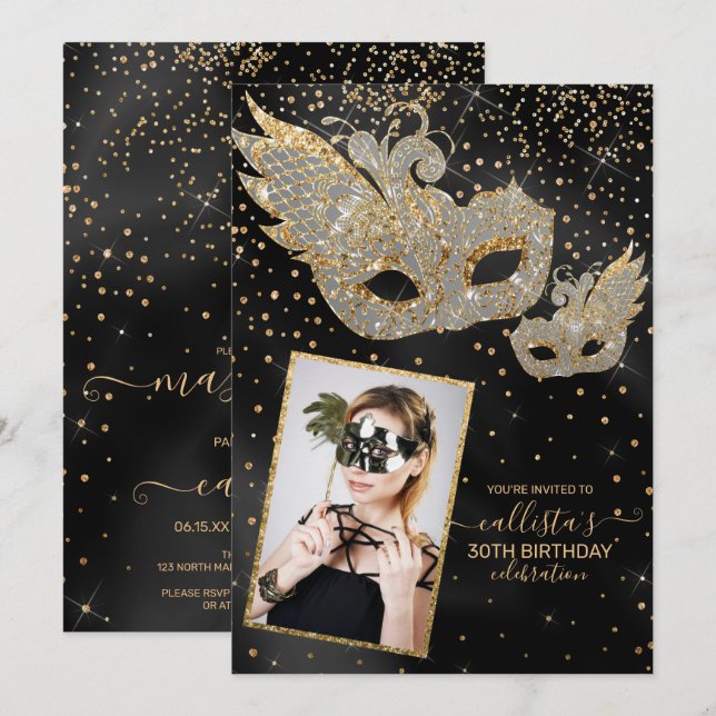 Invitation Parties scintillant d'or Mascarade en soie noire P (Devant / Derrière)