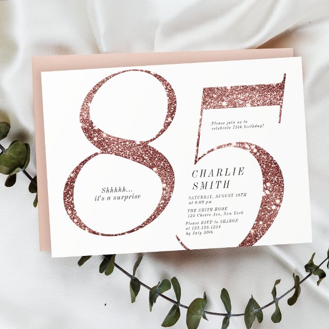 Invitation Parties scintillant d'or minimaliste moderne rose  (Modern minimalist rose gold glitter 85th birthday invitation)