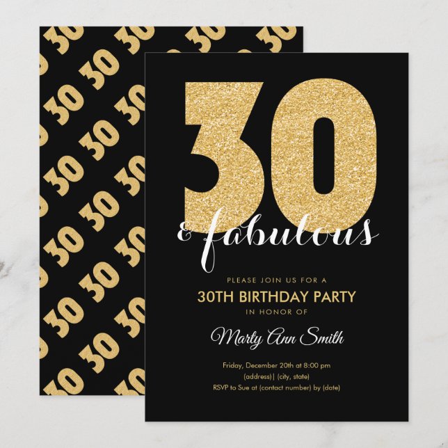 Invitation Parties scintillant d'or moderne 30 et fête d'anni (Devant / Derrière)
