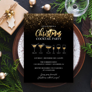 Invitation Parties scintillant d'or moderne Black Christmas C