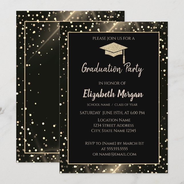Invitation Parties scintillant d'or moderne Cap de graduation (Devant / Derrière)